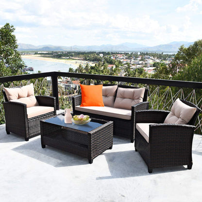 Tangkula 4-Piece Patio Furniture Set, Rattan Wicker Chair Set with 1 Loveseat, 2 Single Sofas - HW63217+