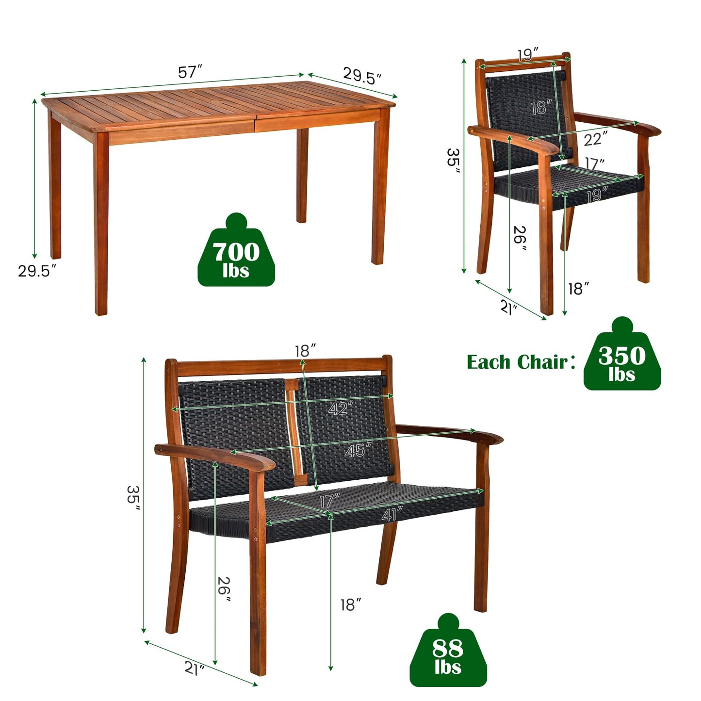 Tangkula 4 Pieces Patio Dining Set, Patiojoy Outdoor PE Rattan & Acacia Wood Dining Table Set with Umbrella Hole - HW67678+