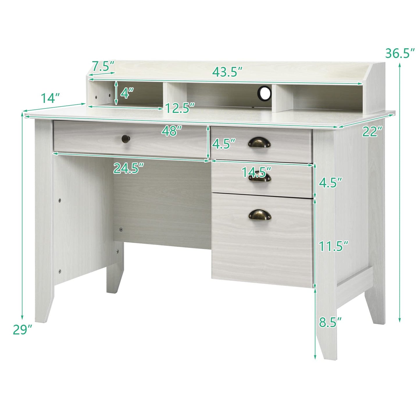 Tangkula 48" Computer Desk with 4 Storage Drawers & Hutch, Home Office Desk Vintage Desk - HW65851WH