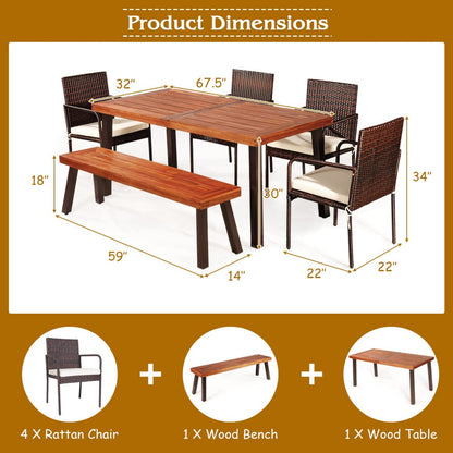Tangkula 6-Piece Acacia Wood Patio Dining Set, Patiojoy Outdoor Wicker Furniture Set - JV10606+HW66354+HW69382