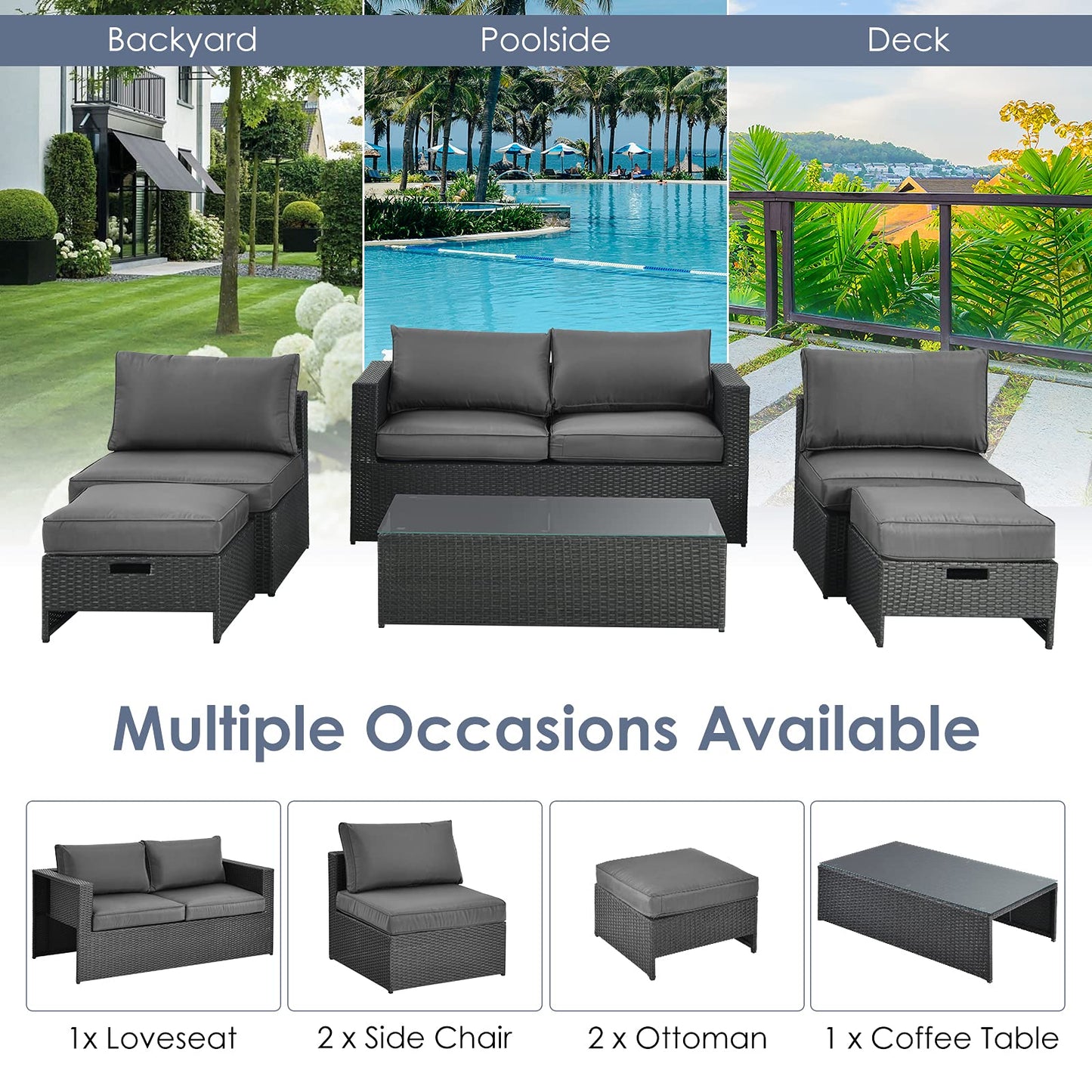 Tangkula 6 Pieces Patio Rattan Furniture Set, Patiojoy No Assembly Outdoor Conversation Set - NP10110WL-GR