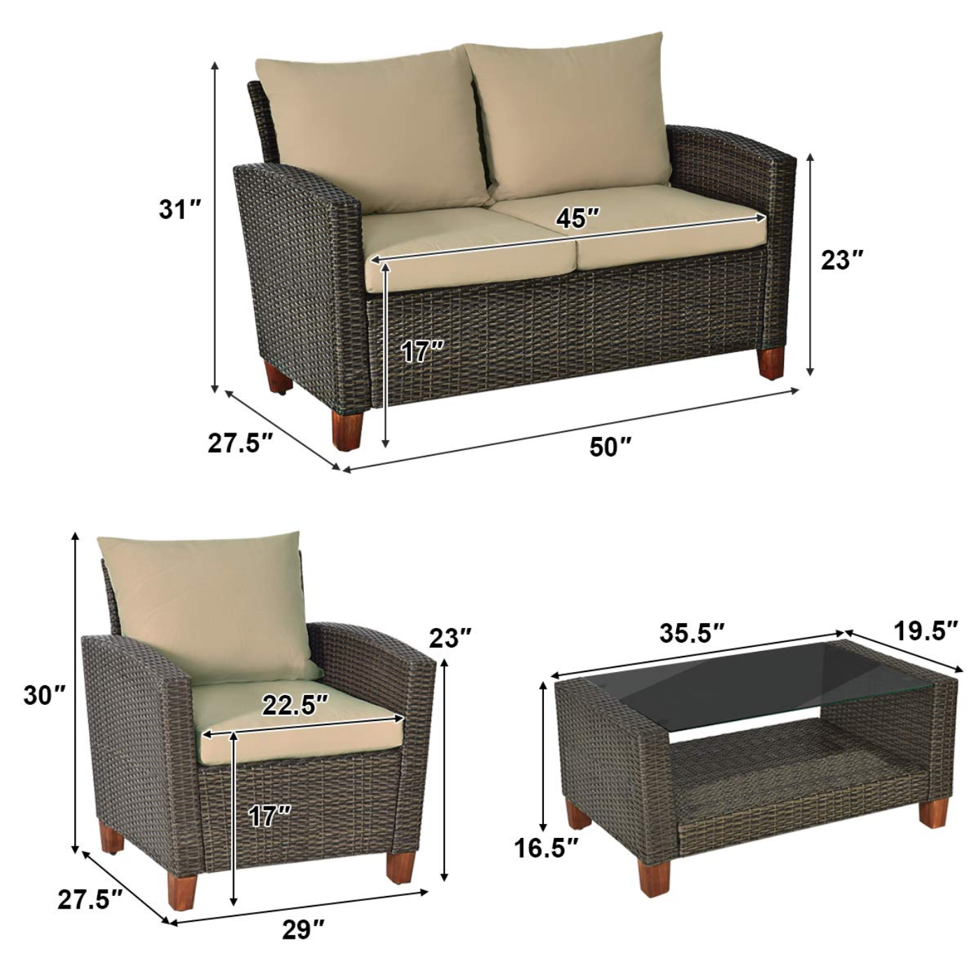 Tangkula 4-Piece Patio Rattan Furniture Set, Outdoor Wicker Conversation Set - HW64145+