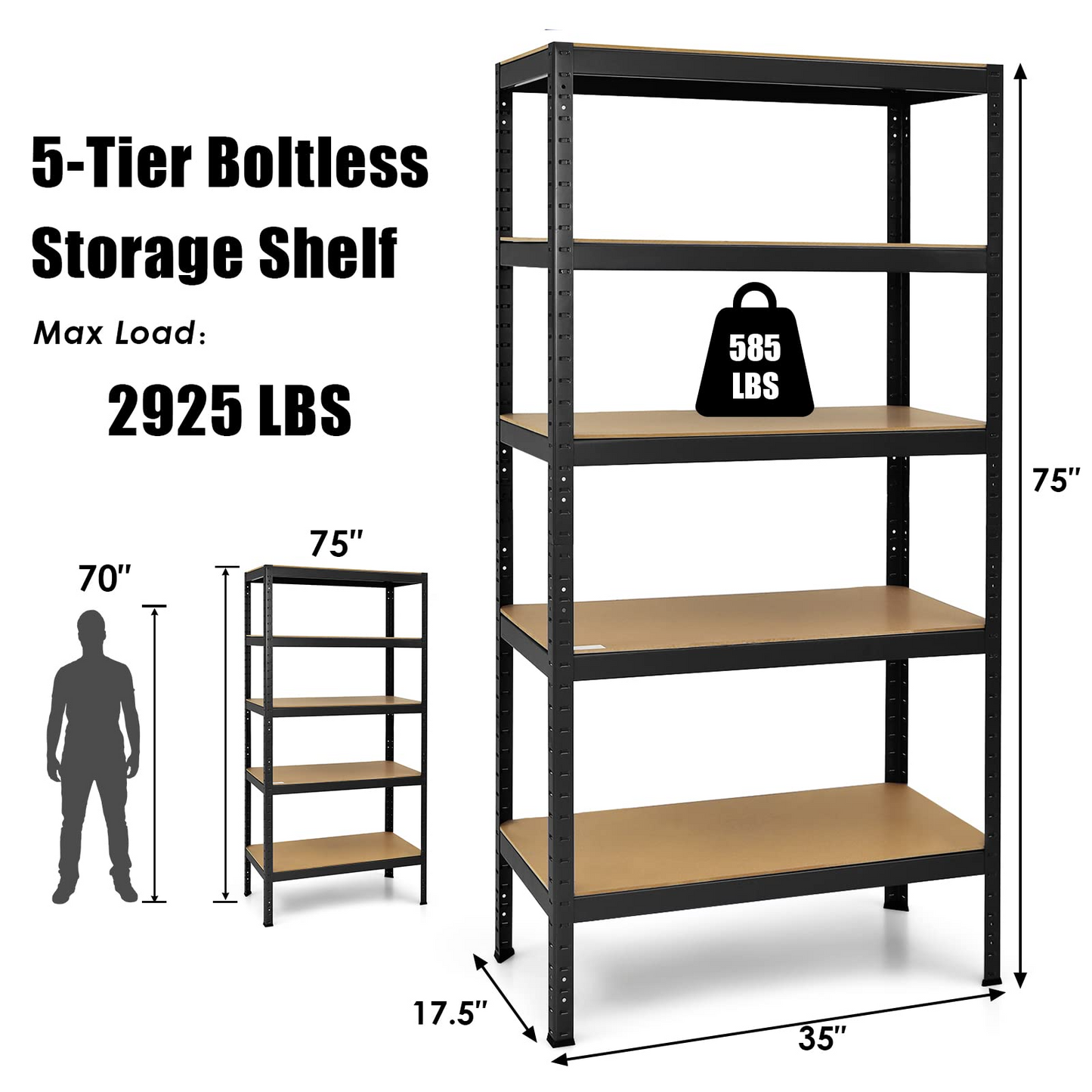 Tangkula 72" Storage Shelves, Heavy Duty Steel Frame 5-Tier Garage Shelf - TL35258SL