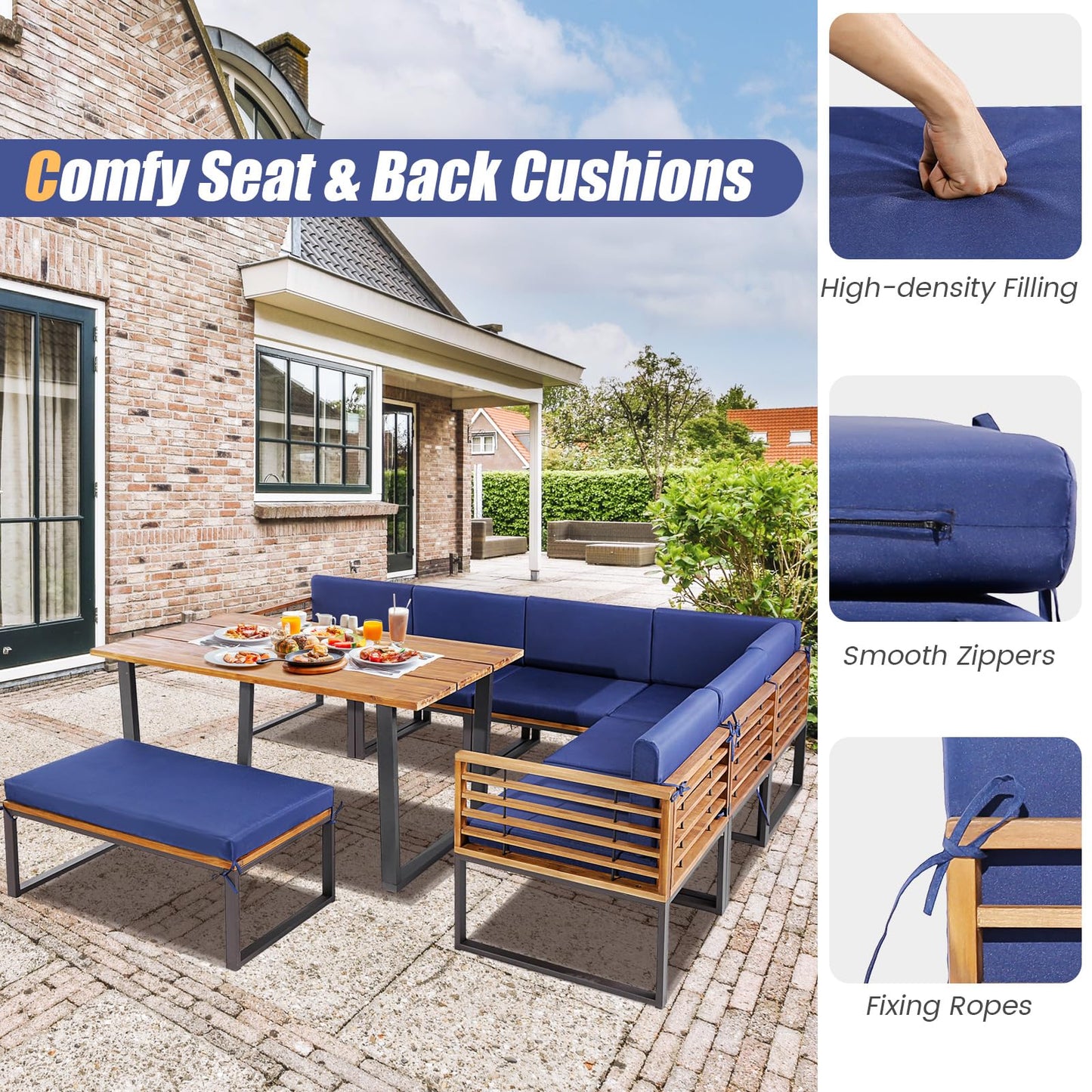 Tangkula 8 Piece Patio Dining Set, Acacia Wood Conversation Sofa Set - HW71004NY+