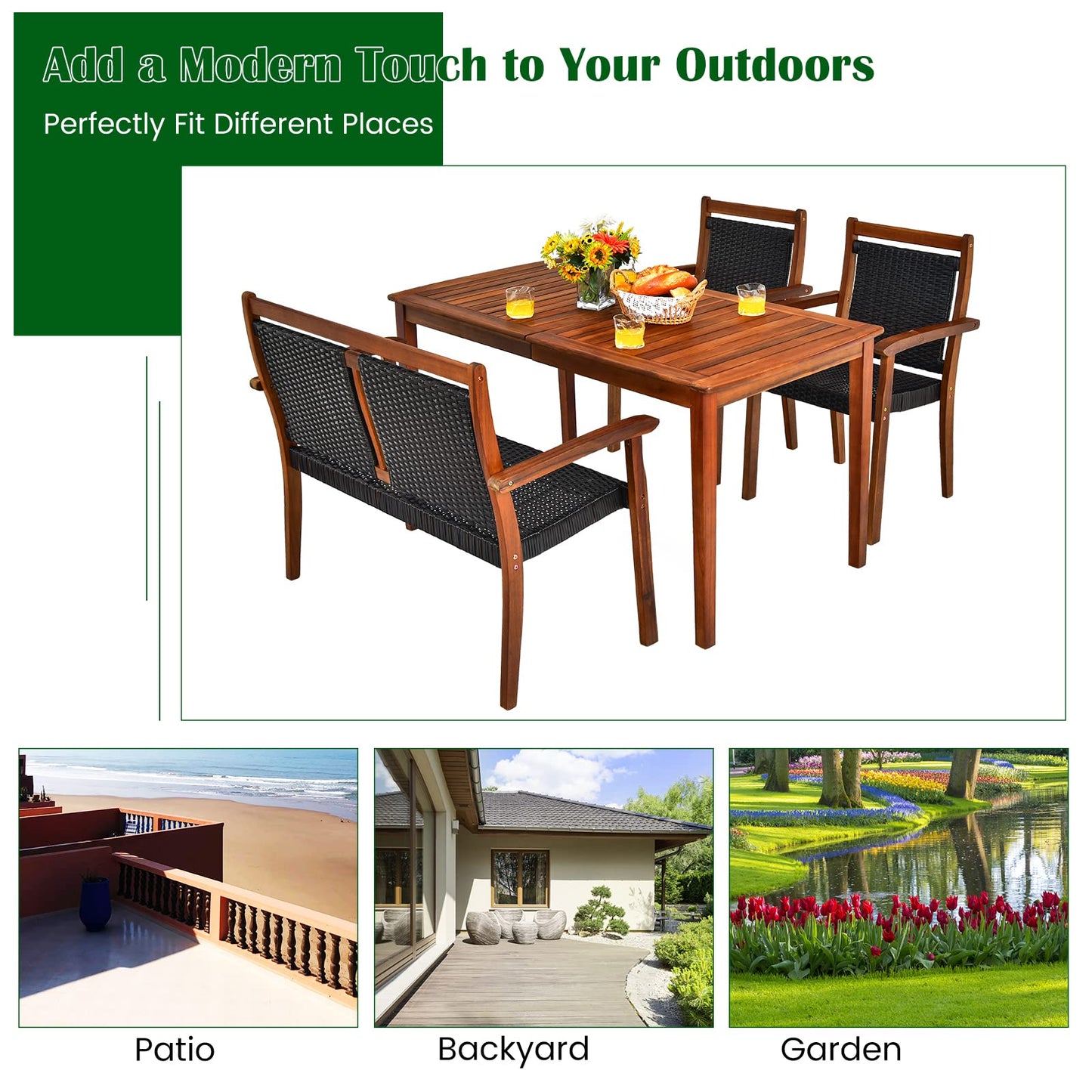 Tangkula 4 Pieces Patio Dining Set, Patiojoy Outdoor PE Rattan & Acacia Wood Dining Table Set with Umbrella Hole - HW67678+