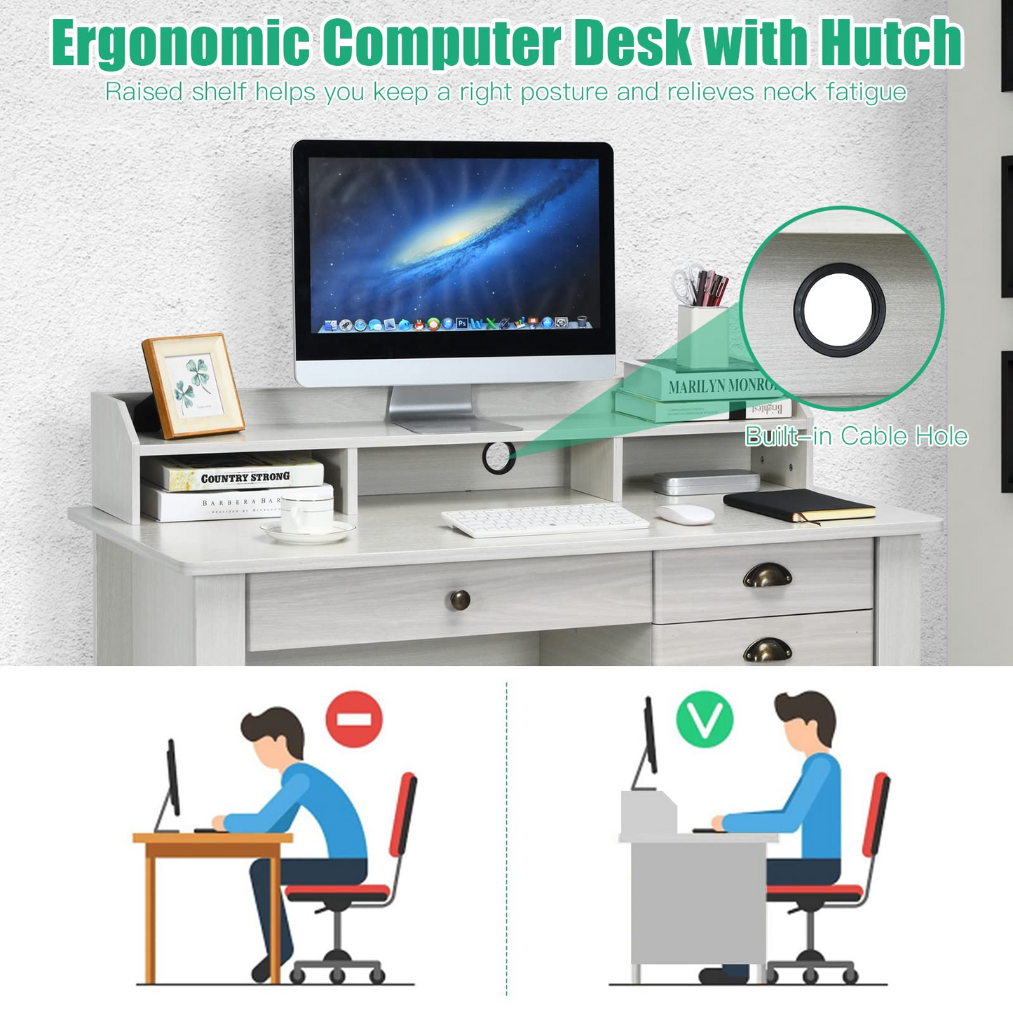 Tangkula 48" Computer Desk with 4 Storage Drawers & Hutch, Home Office Desk Vintage Desk - HW65851WH
