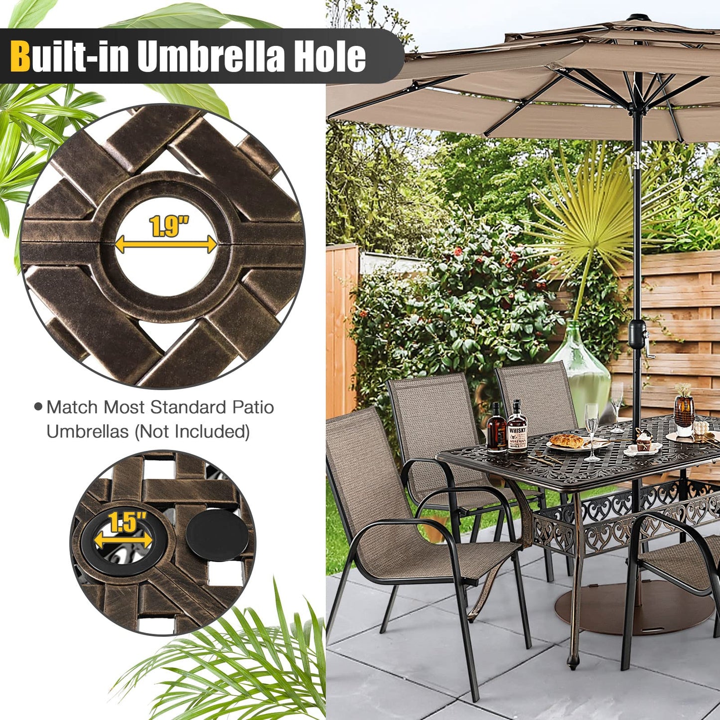 Tangkula 59 Inches Outdoor Dining Table, All-Weather Cast Aluminum Table with Umbrella Hole - NP10935CP