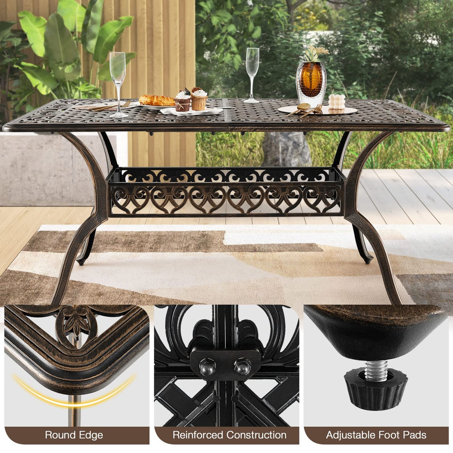 Tangkula 59 Inches Outdoor Dining Table, All-Weather Cast Aluminum Table with Umbrella Hole - NP10935CP