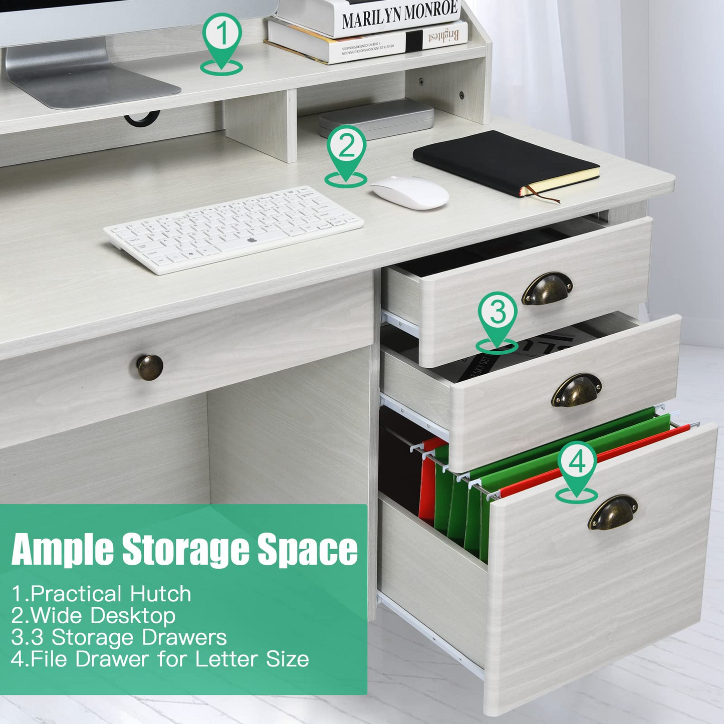 Tangkula 48" Computer Desk with 4 Storage Drawers & Hutch, Home Office Desk Vintage Desk - HW65851WH