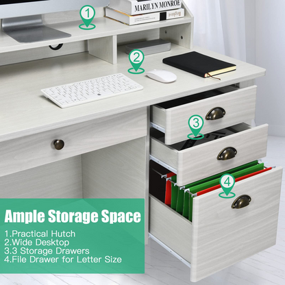 Tangkula 48" Computer Desk with 4 Storage Drawers & Hutch, Home Office Desk Vintage Desk - HW65851WH