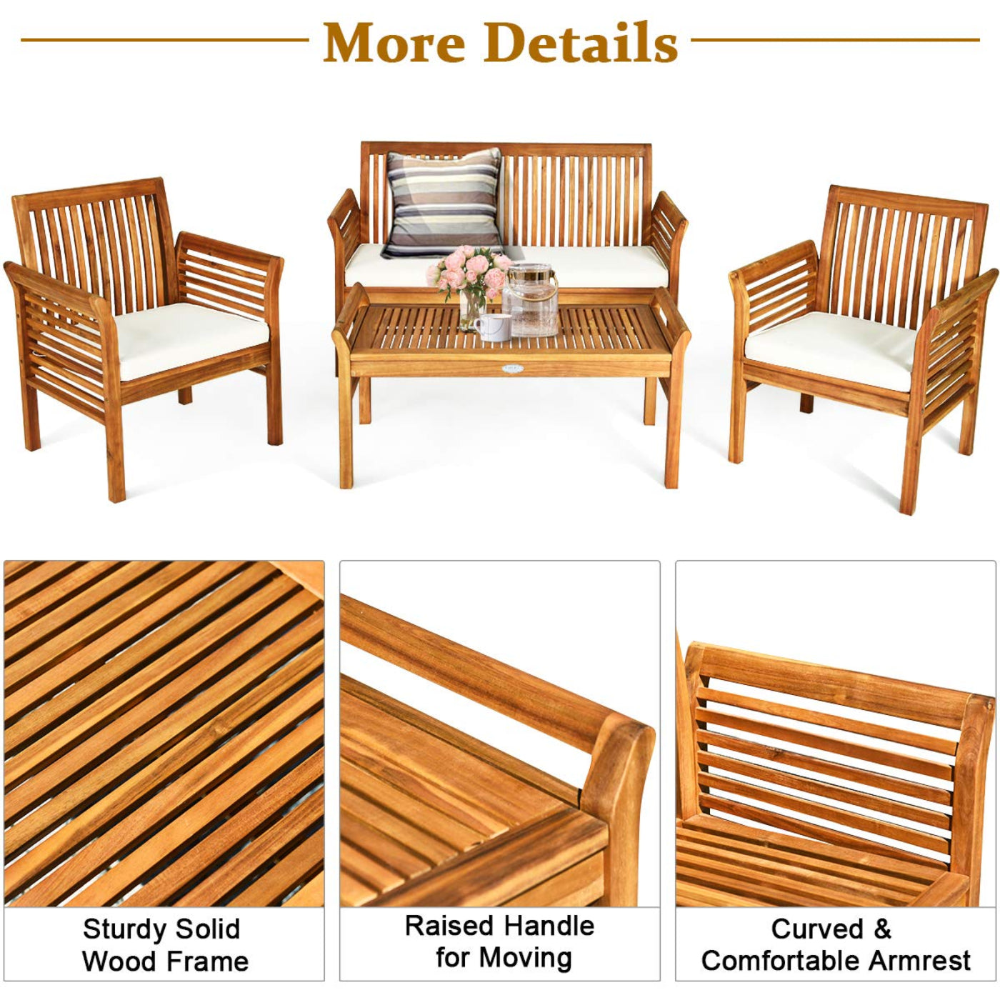 Tangkula 4 or 8 Piece Outdoor Acacia Wood Sofa Set, Padded Patio Conversation Table Chair Set - HW63884