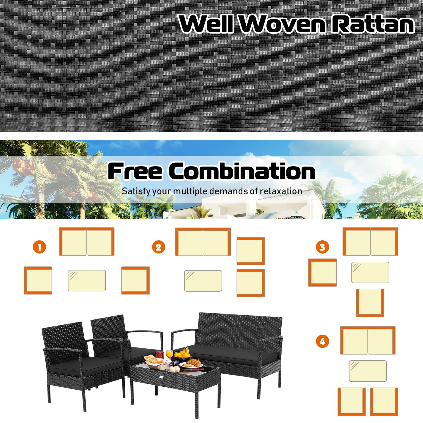 Tangkula 4 Piece Patio Rattan Conversation Set, Black - HW68938