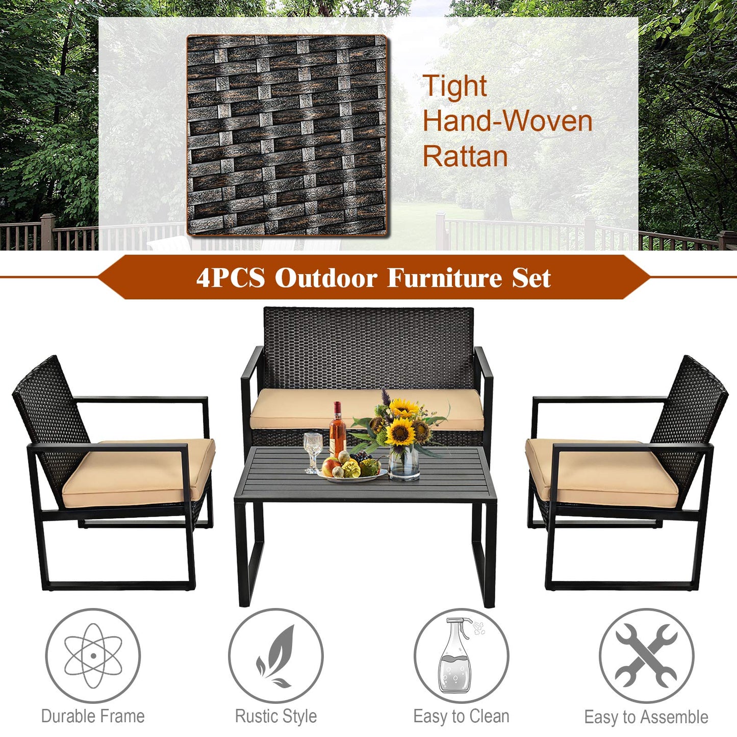 Tangkula 4-Piece Patio Rattan Furniture Set, Outdoor Conversation Set - HW64403