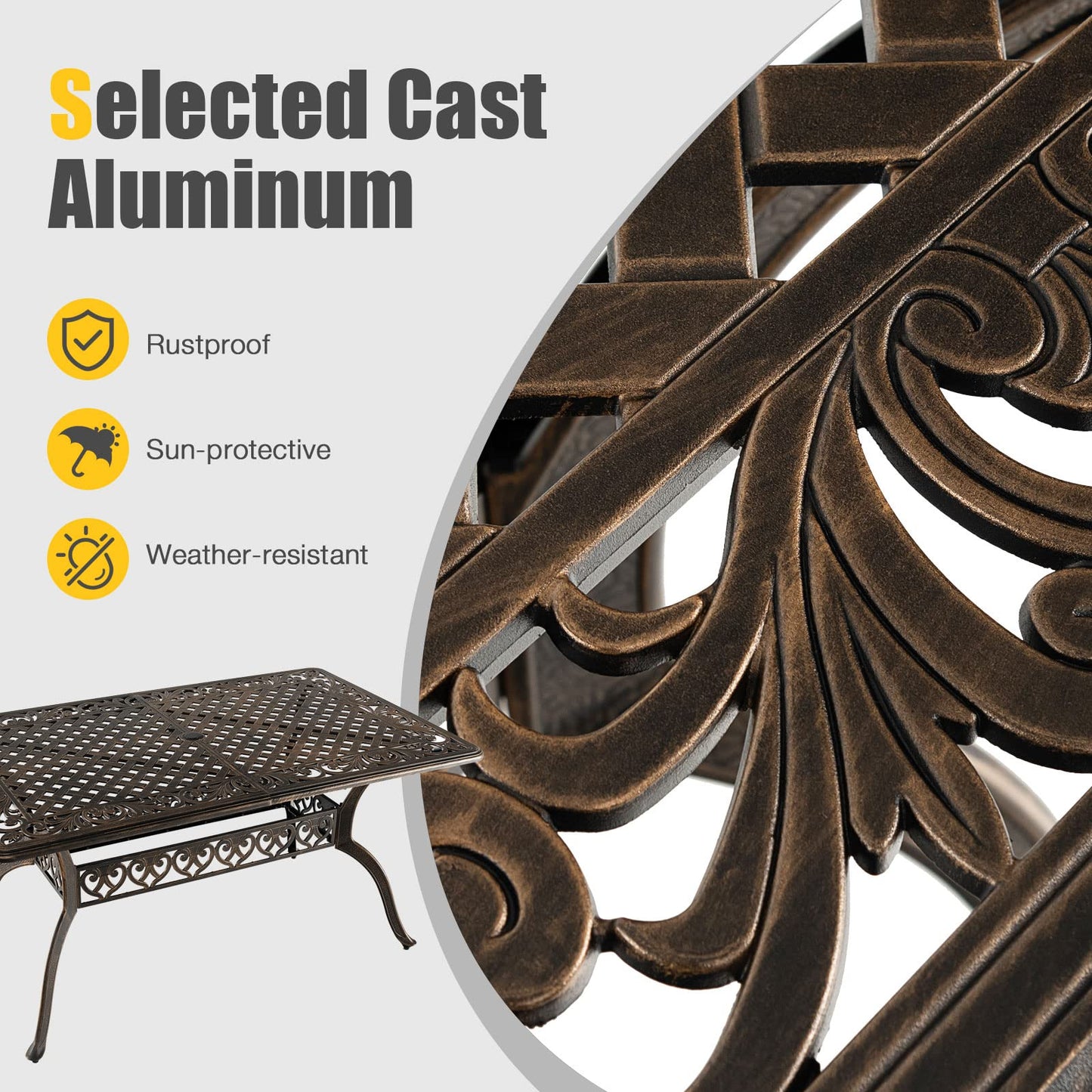 Tangkula 59 Inches Outdoor Dining Table, All-Weather Cast Aluminum Table with Umbrella Hole - NP10935CP