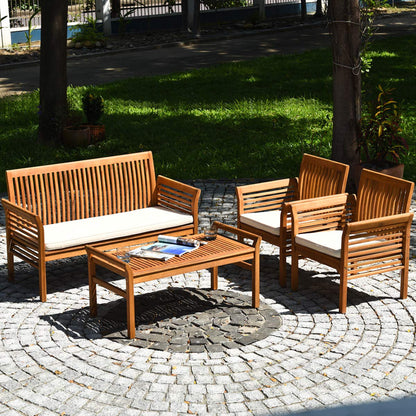Tangkula 4 or 8 Piece Outdoor Acacia Wood Sofa Set, Padded Patio Conversation Table Chair Set - HW63884