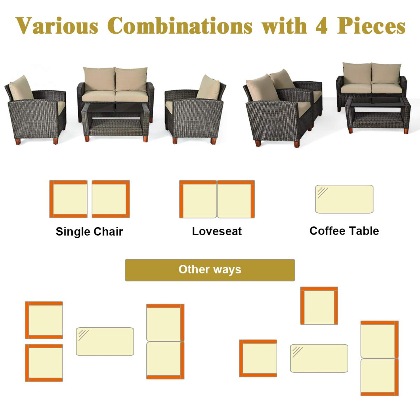 Tangkula 4-Piece Patio Rattan Furniture Set, Outdoor Wicker Conversation Set - HW64145+