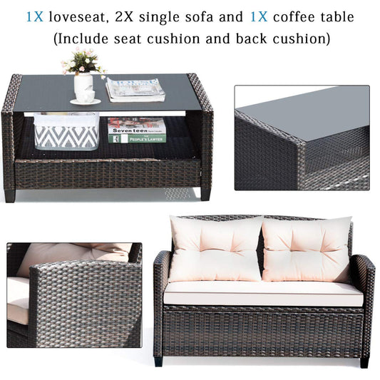 Tangkula 4-Piece Patio Furniture Set, Rattan Wicker Chair Set with 1 Loveseat, 2 Single Sofas - HW63217+