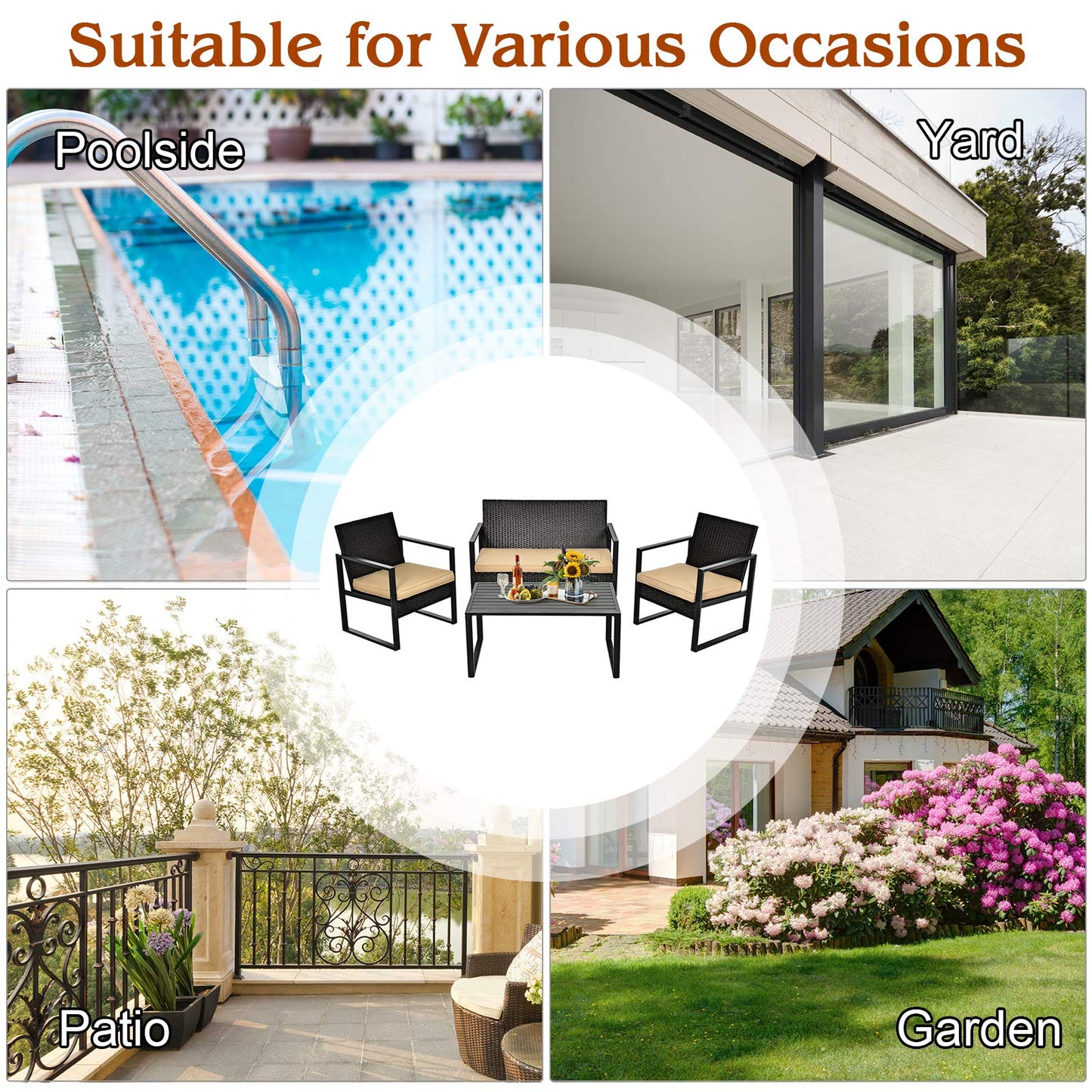 Tangkula 4-Piece Patio Rattan Furniture Set, Outdoor Conversation Set - HW64403