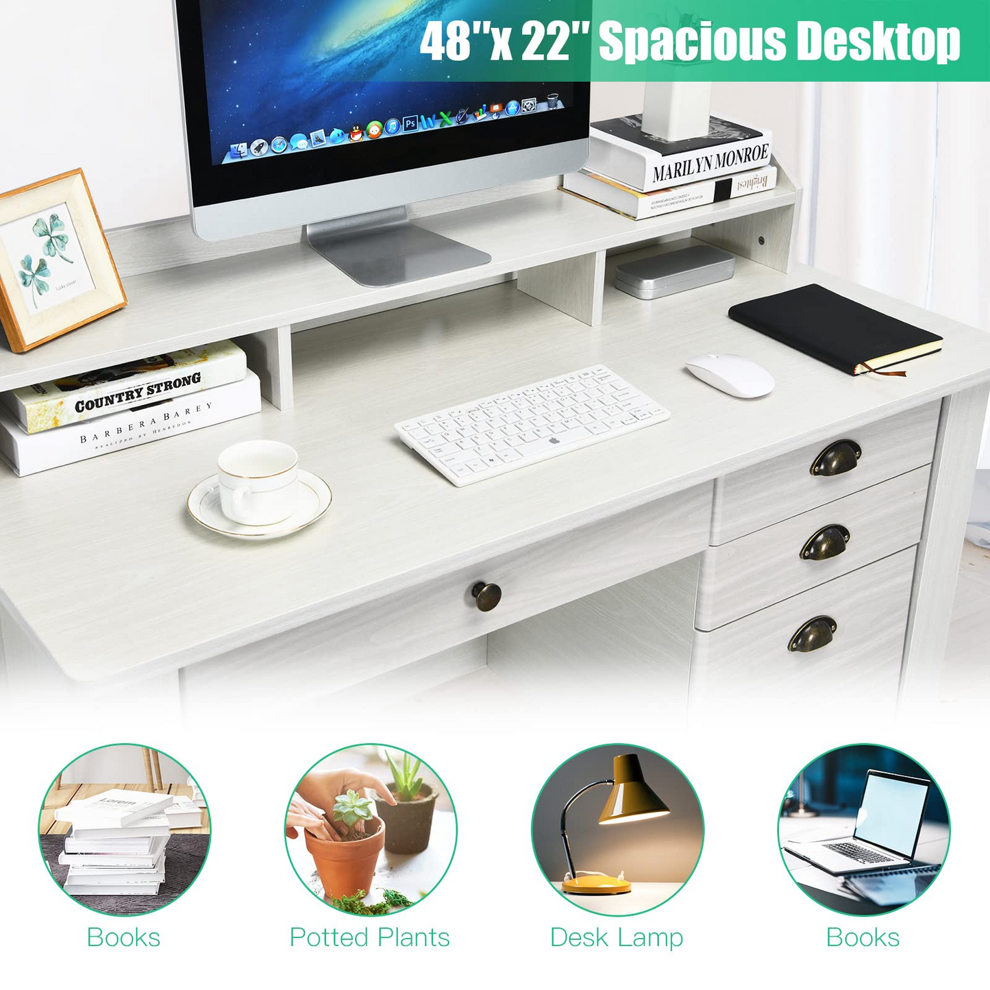 Tangkula 48" Computer Desk with 4 Storage Drawers & Hutch, Home Office Desk Vintage Desk - HW65851WH